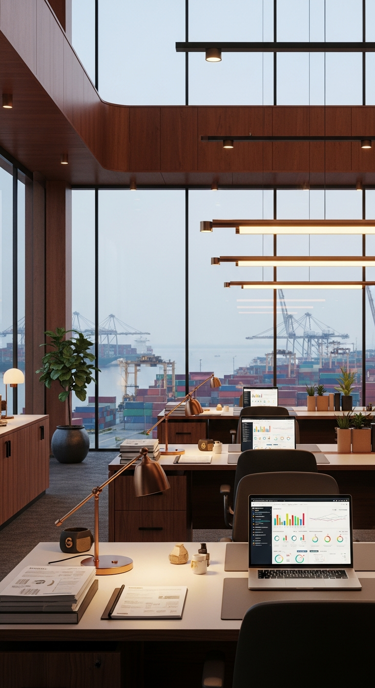 AI_IMAGE: Interior of a modern logistics office overlooking Chattogram port through large glass windows, clean desk with shipping documents and a laptop displaying logistics dashboards, warm copper and brown tones with ambient task lighting, professional and organized atmosphere, architectural modern interior with wood and brass elements | photorealistic | portrait